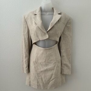 zara beige linen cut out crop blazer dress long sleeve mini skirt